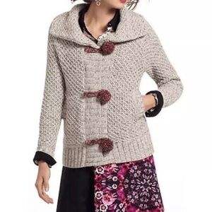 Anthropologie HWR Tan Chunky Knit MorMor Pom Pom Cardigan Women's Size Large EUC